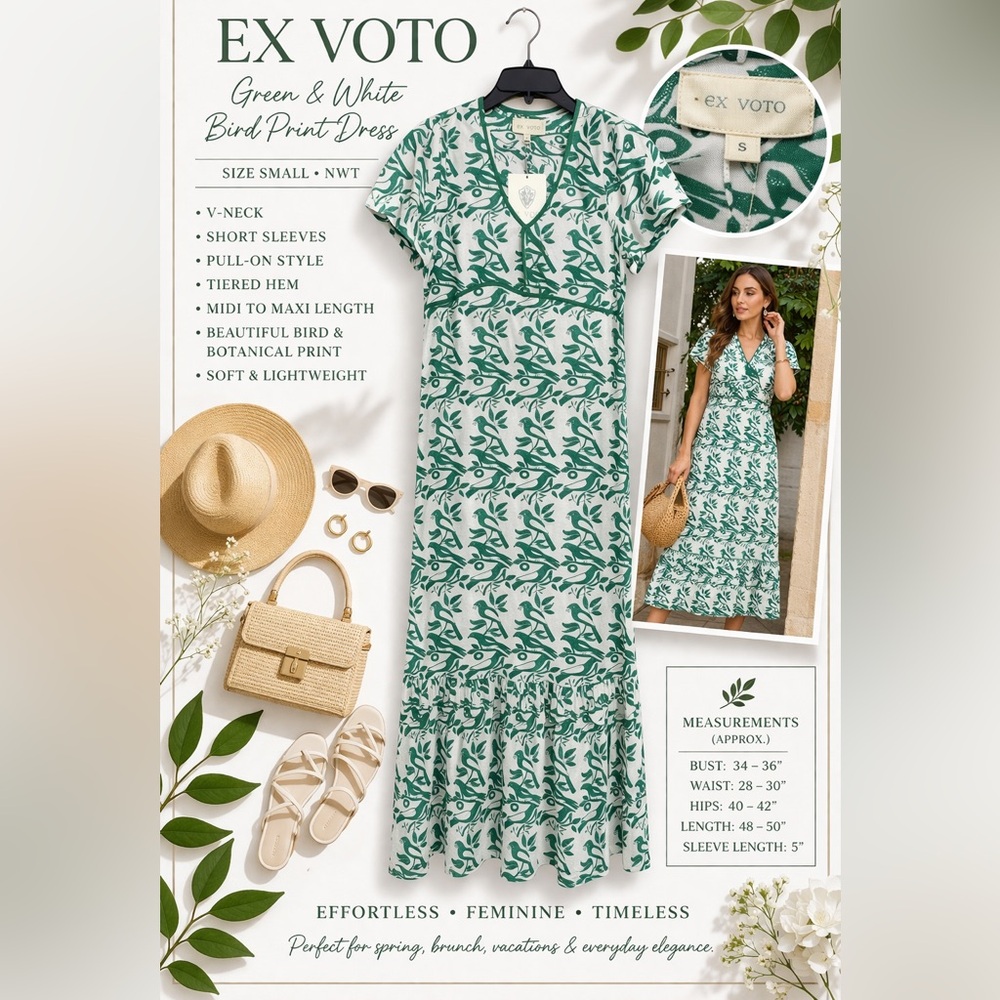 Ex Voto Bird Print Boho Cotton Midi Dress Green White Vacation Cottagecore NWT - Picture 2 of 8